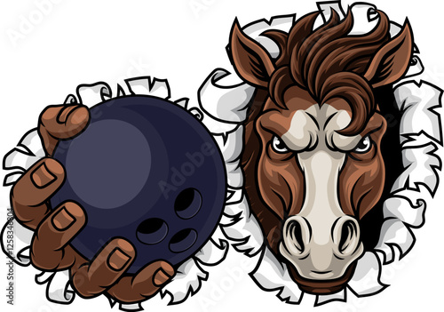 Horse mustang bronco stallion angry bowling sports team mascot holding a ball.