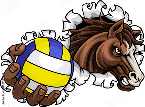 Horse mustang bronco stallion angry volleyball sports team mascot holding a ball.