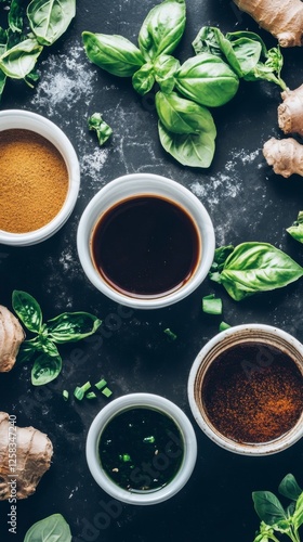 Wallpaper Mural Culinary Ingredients: Ginger, Basil, and Various Sauces Torontodigital.ca