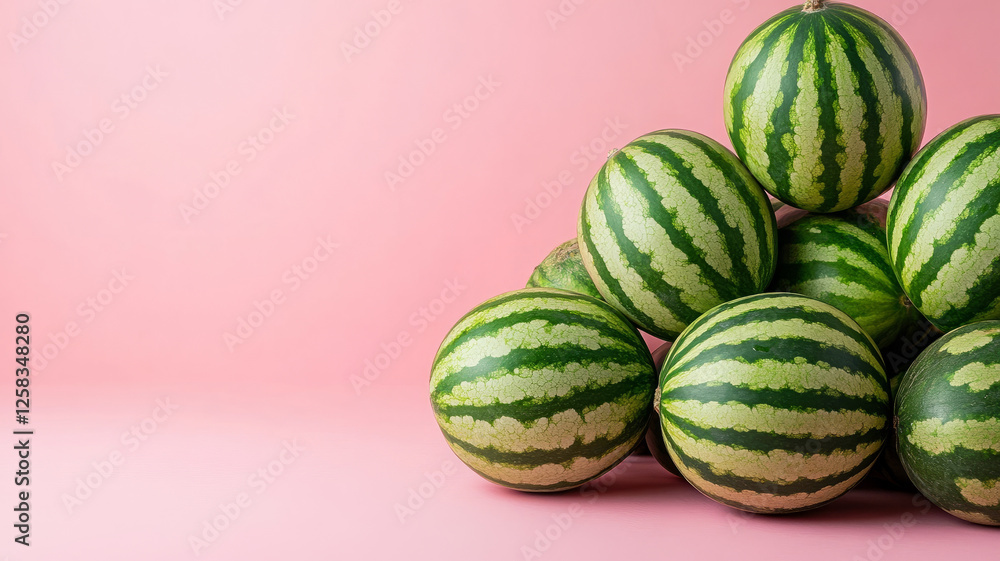 Stack of watermelons on a pink background. Stack of watermelons on a pink background.