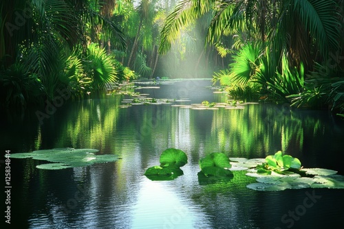 Tranquil Oasis: Serene Tropical Pond in Lush Green Paradise