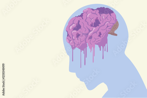 Brain melting in human head. Brain  rot concept illustration. Deterioration mental, loss concentration, OCD, or low intellectual from addict and overconsumption of short content on internet.

