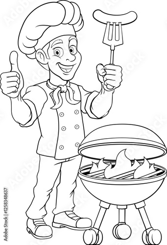 A chef cartoon barbecue cook out brazier cook man. Giving a thumbs up and holding a hotdog or grilled sausage on a BBQ fork mascot character illustration.