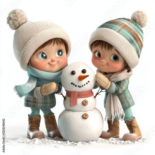 Two cheerful children play in winter snow, building a snowman with a friendly face, wearing colorful winter hats and scarves, a festive outdoor scene