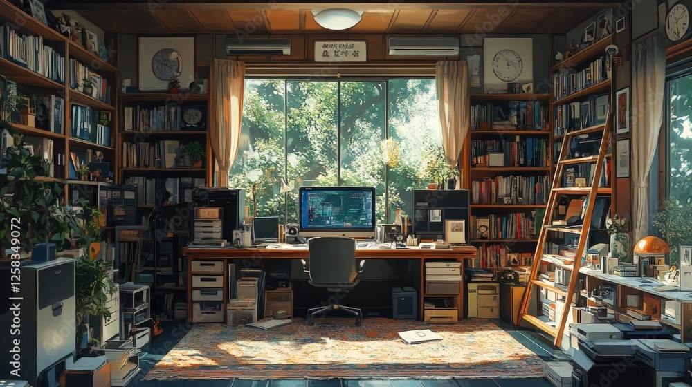 Sunlit home office, bookshelves, computer, peaceful atmosphere Sunlit home office, bookshelves, computer, peaceful atmosphere