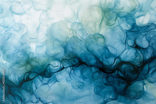 Abstract ink swirls in soft shades of blue and white, resembling natural elements like water and air, creating a gentle, flowing organic pattern. photo