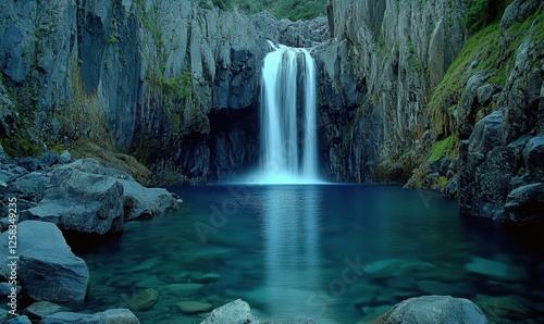 Waterfall cascading into serene pool, lush cliffs backdrop, nature scene, travel poster