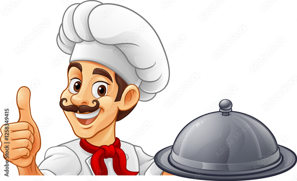 A chef or baker cartoon cook peeking around a sign or menu with copyspace. Giving a thumbs up and holding a platter plate or tray with cloche, mascot character illustration A chef or baker cartoon cook peeking around a sign or menu with copyspace. Giving a thumbs up and holding a platter plate or tray with cloche, mascot character illustration