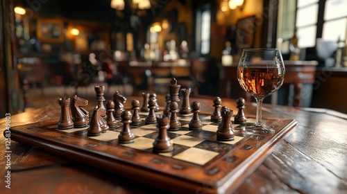 Chess game in progress, wine glass nearby, pub setting.