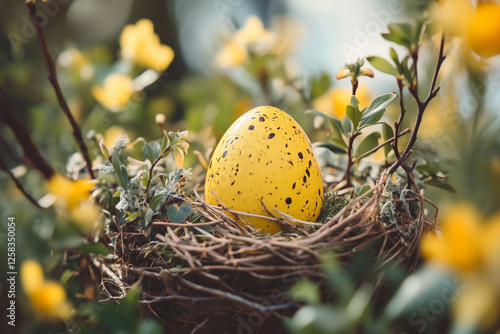 A close-up of a bright yellow speckled egg nestled in a woven bird’s nest among delicate spring blossoms The image captures a serene and symbolic moment perfect for Easter nature 
 photo