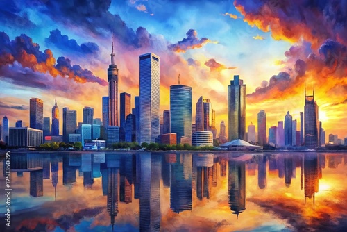 Wallpaper Mural Panoramic Watercolor Skyline: Modern Cityscape Illustration Torontodigital.ca