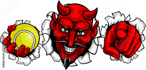 A devil man holding tennis ball, breaking through the background and pointing sports team mascot illustration.