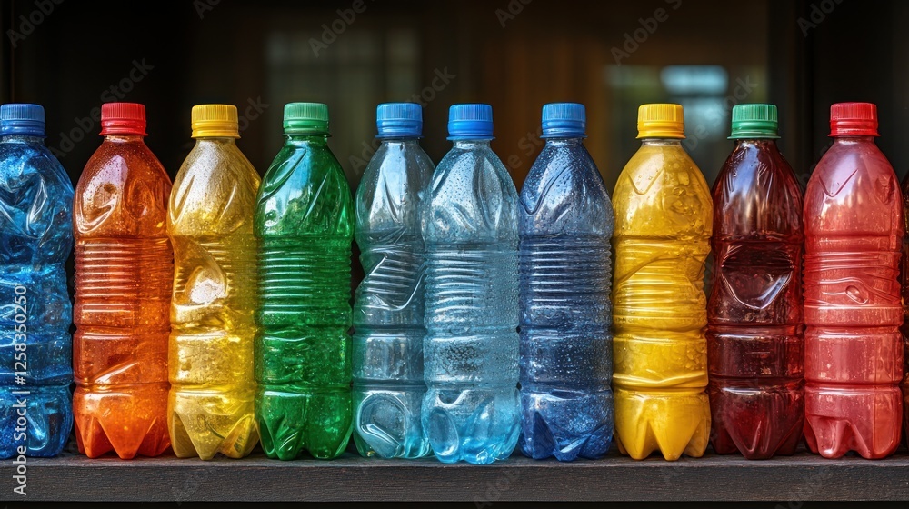 Colorful array of plastic bottles lined up on a shelf, showcasing vibrant hues against a blurred backdrop Colorful array of plastic bottles lined up on a shelf, showcasing vibrant hues against a blurred backdrop