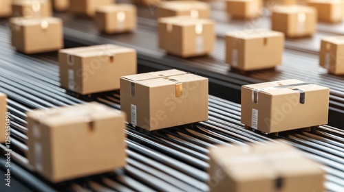 Closeup of cardboard boxes stacked on a conveyor belt in a warehouse distribution center photo