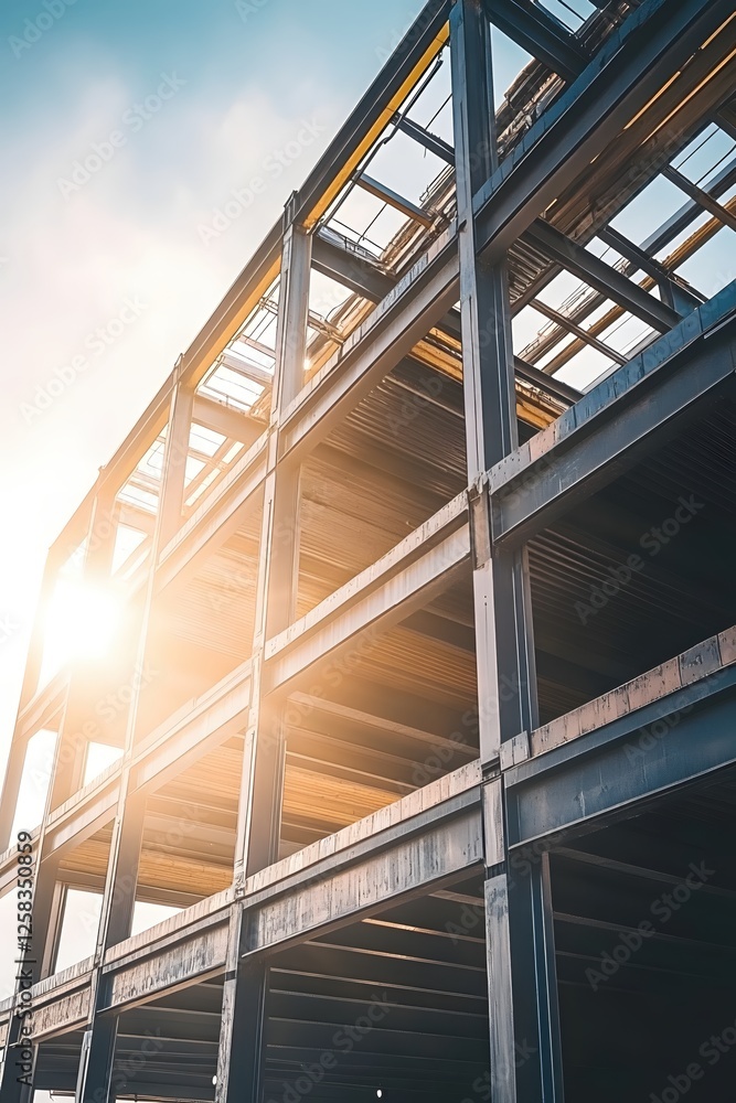 Fototapeta premium Steel Framework Glimmering Under Sunlight at Construction Site with Clear Sky Above