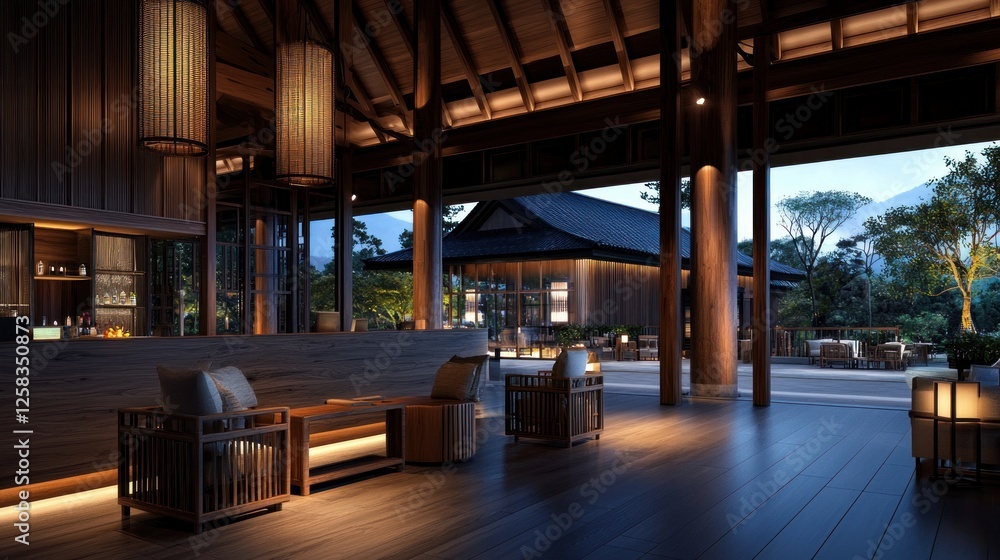Serene resort lobby at dusk, mountain view, relaxing atmosphere Serene resort lobby at dusk, mountain view, relaxing atmosphere