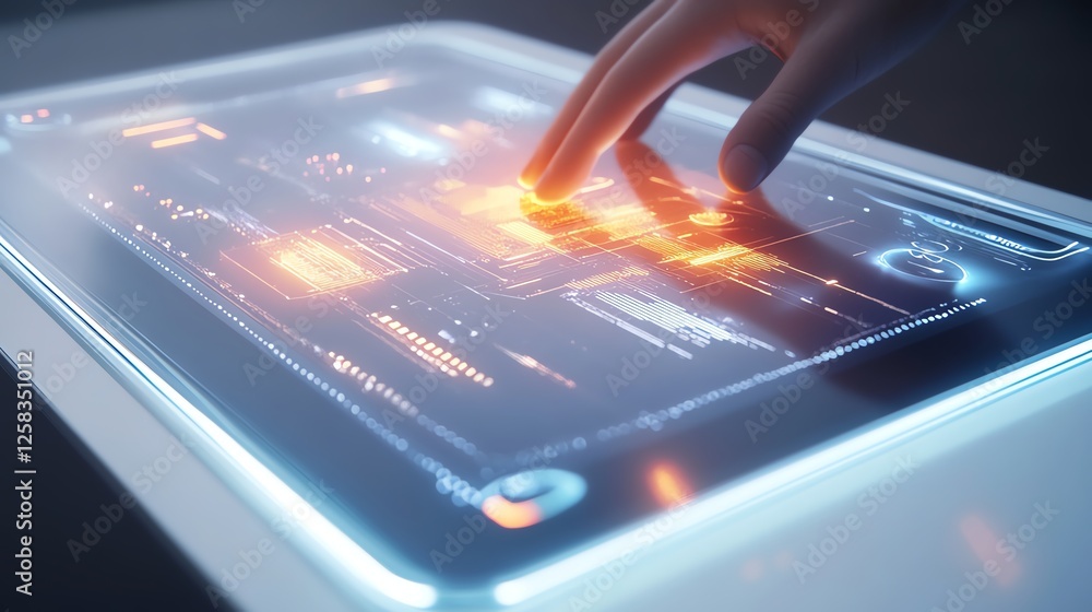Futuristic digital interface with finger interaction on illuminated screen. Futuristic digital interface with finger interaction on illuminated screen.