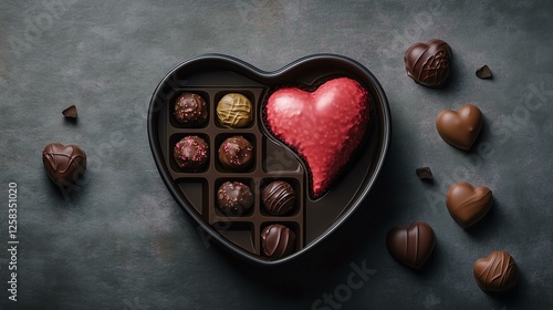 Heart-shaped chocolate box with assorted treats. photo