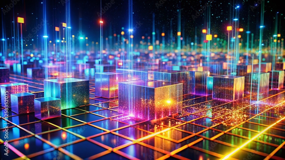 Obraz premium Abstract Digital Landscape: Glowing Cube Particle Grid, Long Exposure Data Stream