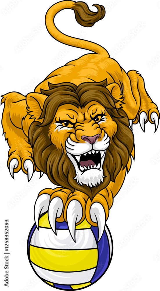 Lion holding a volleyball ball with sharp claw sports team mascot design.