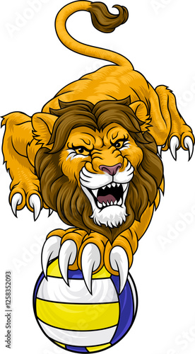 Tablou pe pânză Lion holding a volleyball ball with sharp claw sports team mascot design
