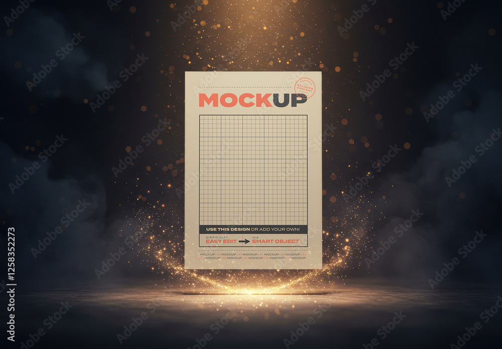 Floating Poster Vertical Page Mockup with Magic Particles Illuminated ...