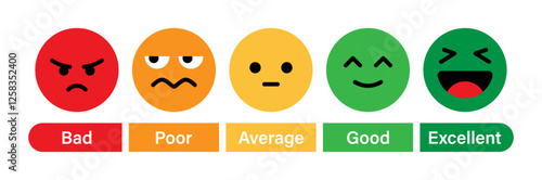Rating emoji set with bad, poor, average, good and excellent indicator for customer feedback and experience Feedback vector concept. Rank, level of satisfaction rating. User experience.