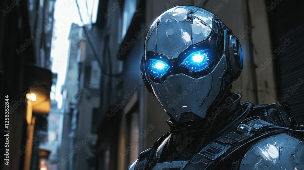 Fototapeta premium Futuristic robot stands in urban alleyway.