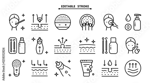 Skin care icons set. Editable stroke. Facial Skin Cleaner icons set. Facial cleansing Home Beauty Device icons set