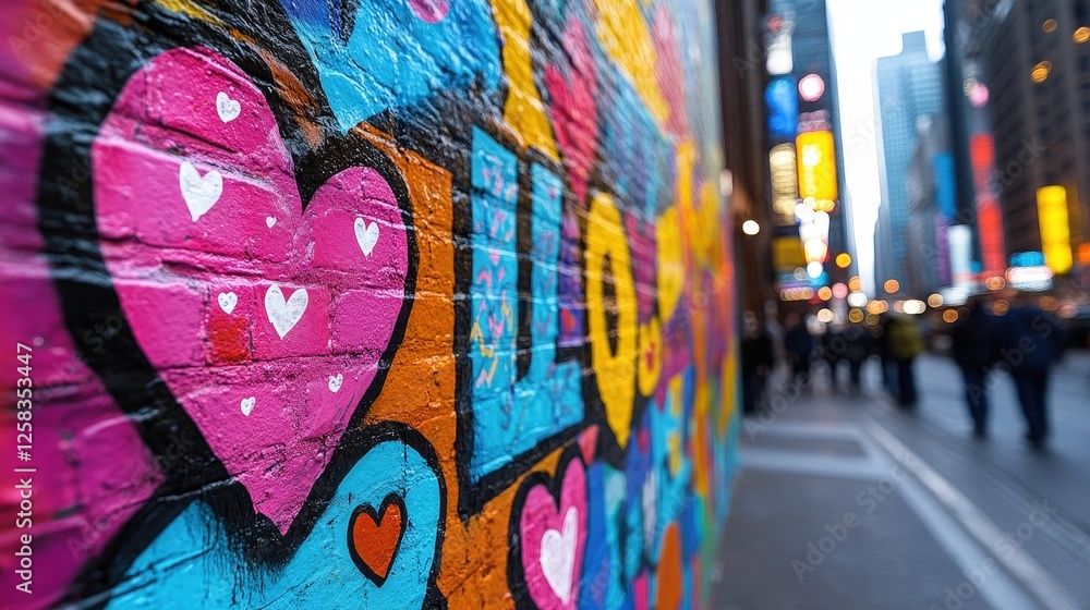 Fototapeta premium A lively mural in Times Square featuring bright, colorful hearts symbolizing love and joy, capturing the essence of urban art and community spirit in New York City.