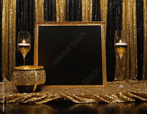 Elegant black and gold display with champagne flutes, a decorative bowl, and a blank frame for celebration. photo