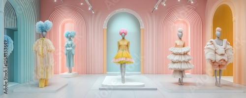 A colorful fashion display featuring pastel-colored mannequins in unique, whimsical outfits, set against a softly lit, modern backdrop.