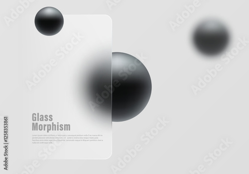 Website landing page template in glass morphism style. Frosted glass partition with floating black spheres.