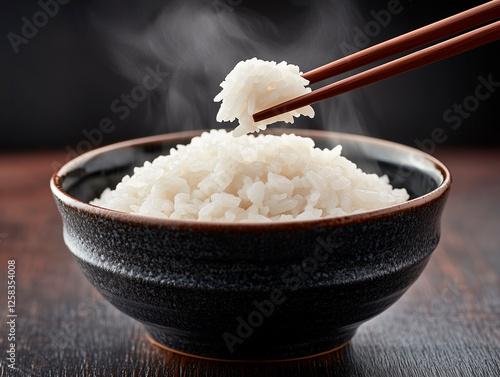 お茶碗に盛られた湯気が立ち上る白米を箸で持ち上げるシーン photo