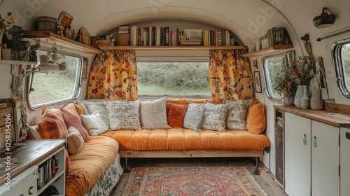 Cozy camper van interior, autumnal tones, comfy seating.