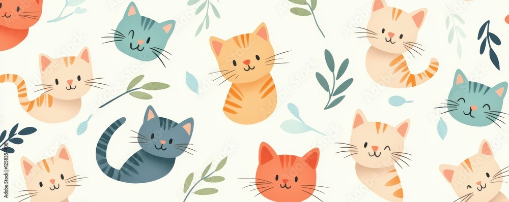 A hand-drawn pattern of tiny pastel-colored kittens, each with different cute expressions, on a soft cream-colored background A hand-drawn pattern of tiny pastel-colored kittens, each with different cute expressions, on a soft cream-colored background