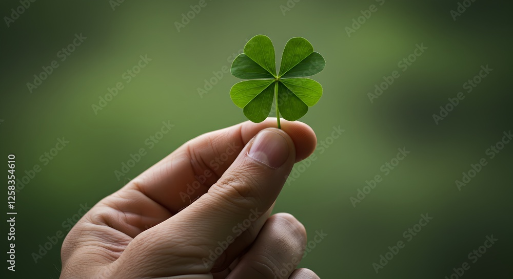 A close-up of a hand holding a lucky four-leaf clover against a blurred green background. A close-up of a hand holding a lucky four-leaf clover against a blurred green background.
