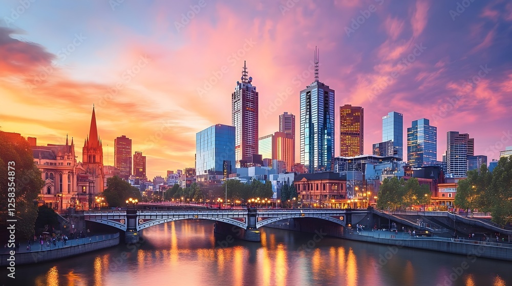Fototapeta premium Melbourne City Skyline at Sunset with Bridge and River