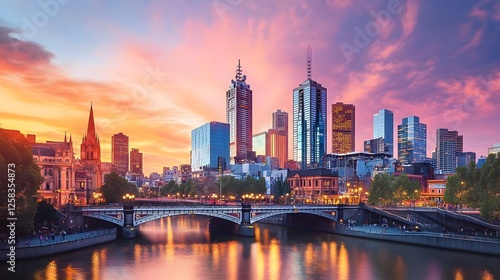 Melbourne City Skyline at Sunset with Bridge and River
