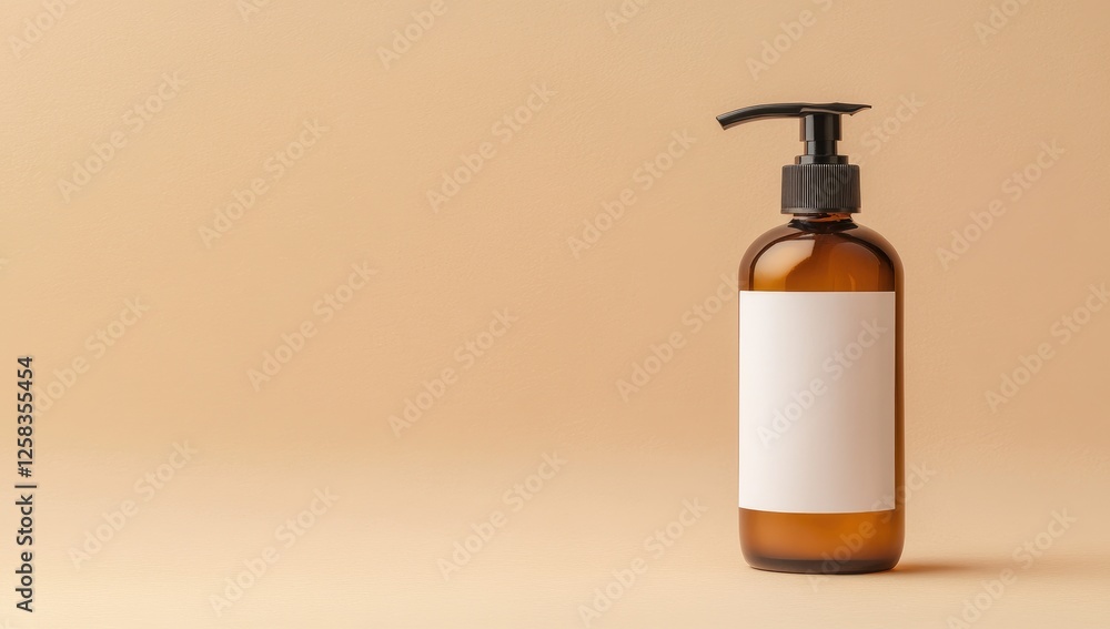 A blank white label on an amber glass bottle with a pump for body wash or shampoo, set against a neutral beige background. A blank white label on an amber glass bottle with a pump for body wash or shampoo, set against a neutral beige background.