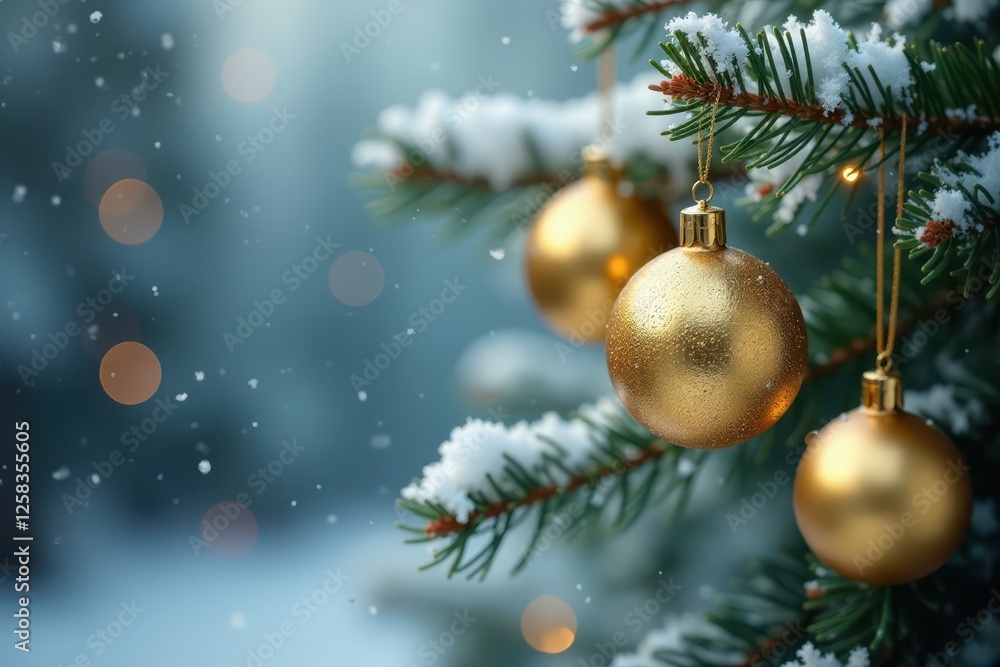 Elegant gold ornaments on snowy pine branches, winter decor, ornaments Elegant gold ornaments on snowy pine branches, winter decor, ornaments