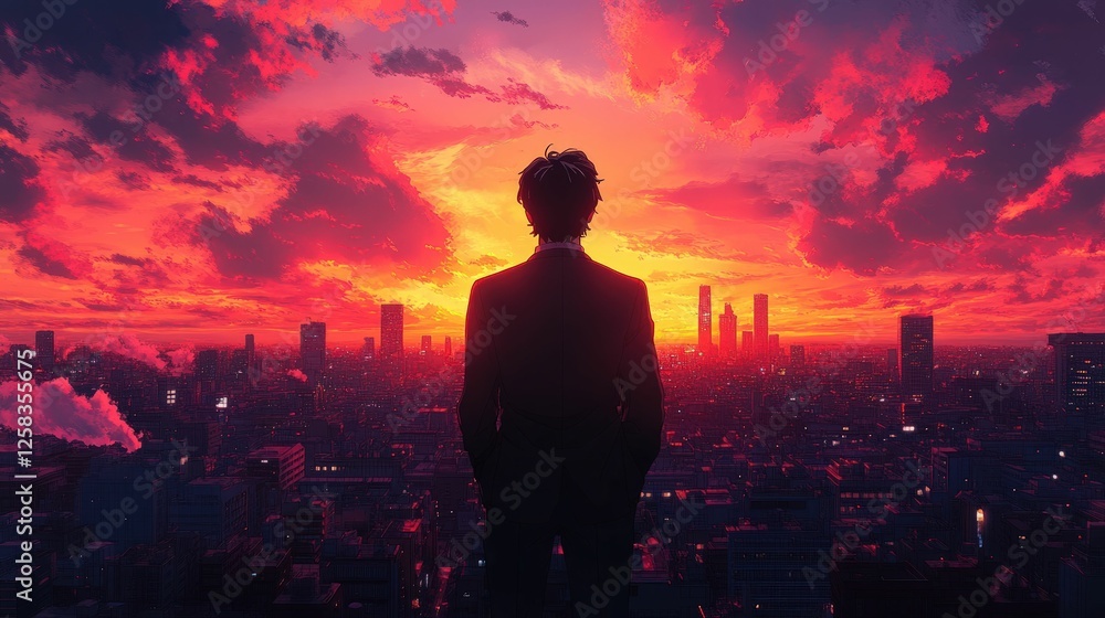 Fototapeta premium Man contemplates fiery cityscape sunset