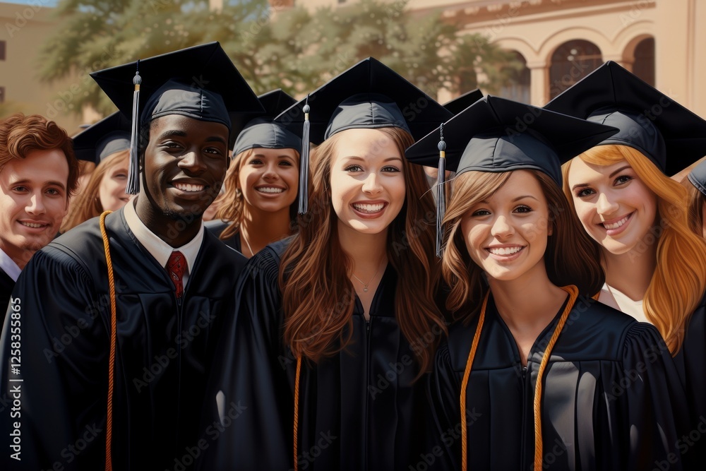 A happy group of graduates at the graduation ceremony. The multiracial students are dressed in festive black robes and graduate hats. A happy group of graduates at the graduation ceremony. The multiracial students are dressed in festive black robes and graduate hats.
