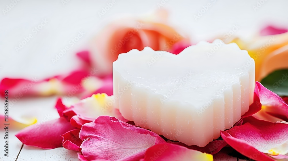 A romantic still life featuring a heart-shaped soap elegantly placed atop vibrant rose petals, capturing the essence of love and self-indulgence, A romantic still life featuring a heart-shaped soap elegantly placed atop vibrant rose petals, capturing the essence of love and self-indulgence,