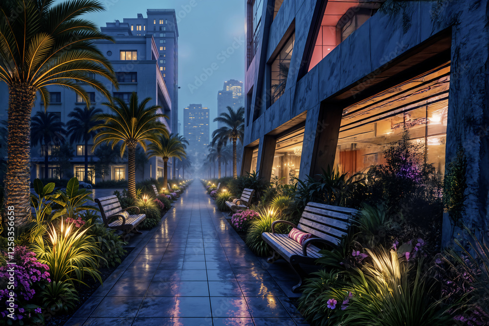 Naklejka premium Lush bioluminescent garden in futuristic city with neon accents. AI generated