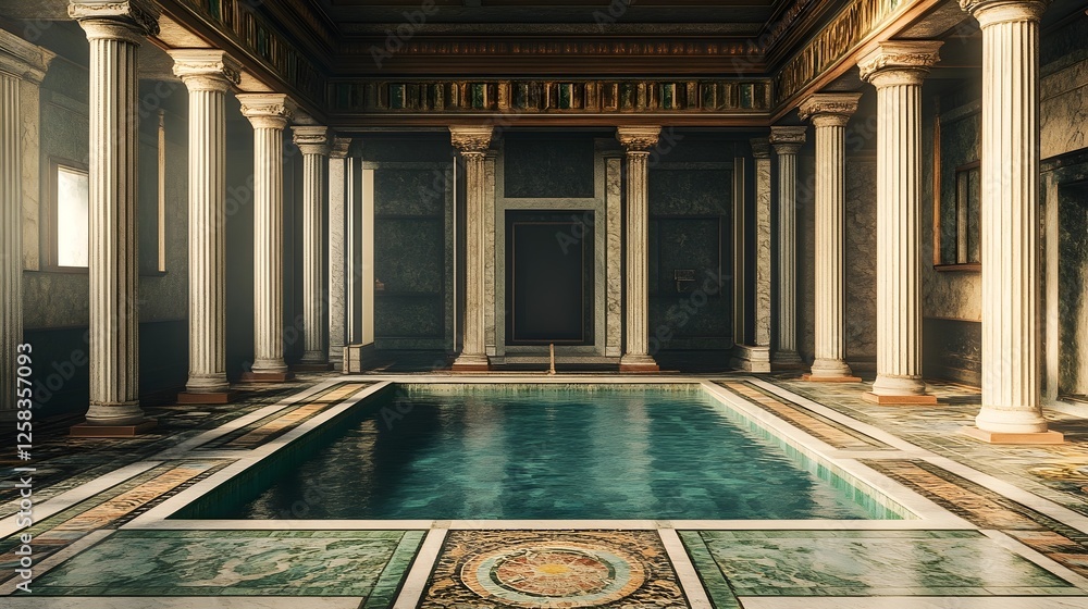 Obraz premium Ancient Roman Bathhouse with Pool: Marble Columns and Intricate Mosaics