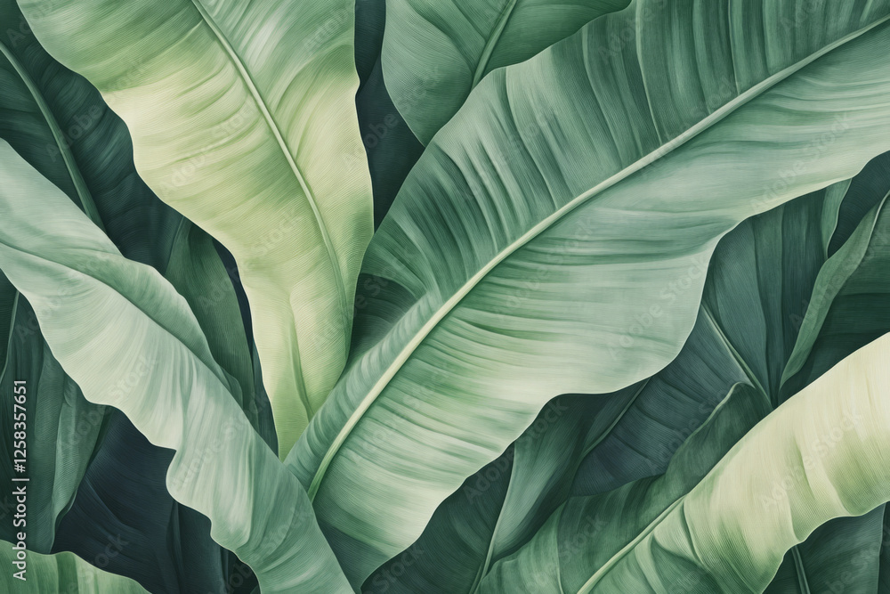 Obraz premium Close-up of green banana leaf with detailed veins, fresh and tropical, natural symmetry.