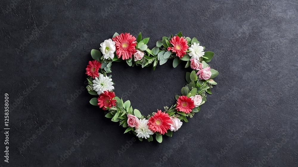 An artistic arrangement of a heart-shaped floral wreath, showcasing a blend of vibrant petals and rich green leaves, designed for both wall hanging and tabletop use, An artistic arrangement of a heart-shaped floral wreath, showcasing a blend of vibrant petals and rich green leaves, designed for both wall hanging and tabletop use,