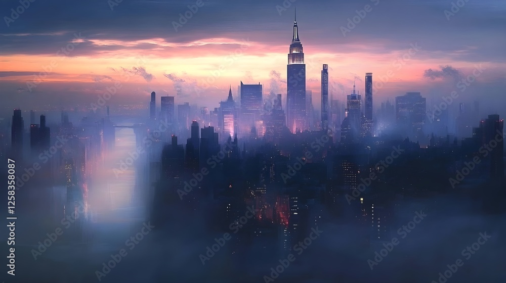 Naklejka premium Misty City Skyline at Sunset, High-Rise Buildings, Urban Landscape