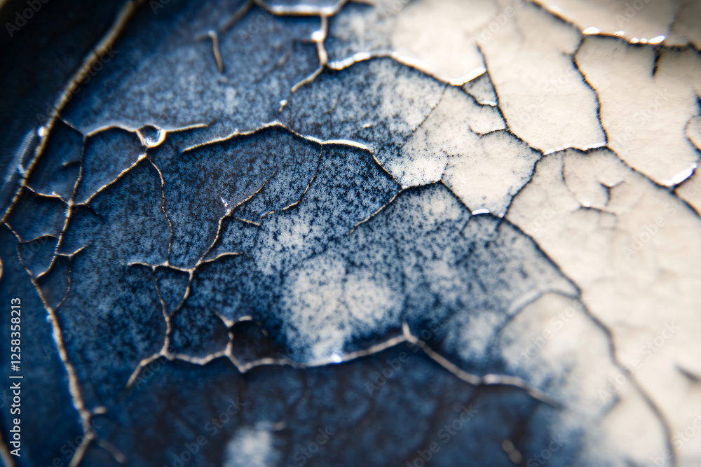 Close-up of handmade ceramic glaze, crackled surface with deep blue and white blending. Close-up of handmade ceramic glaze, crackled surface with deep blue and white blending.